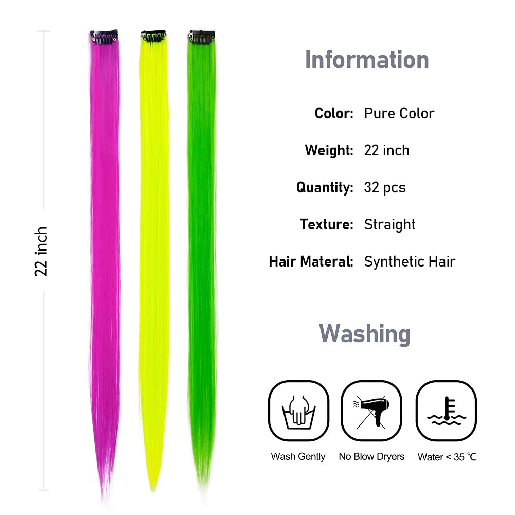 32Packs Colored Hair Extensions 20Inch Straight Color Clip in on Hair Extension Rainbow Party Highlights Synthetic Hairpiece(16 Colors)