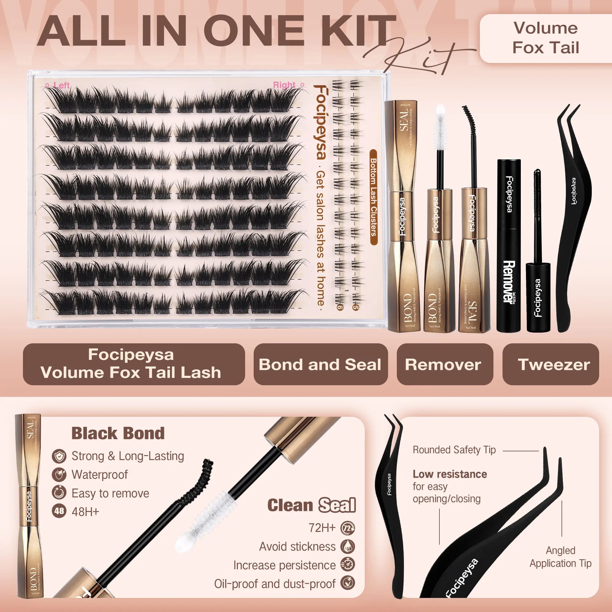 Focipeysa Fluffy Foxtail Lash Clusters | LC Curl Fox Eye Lash Clusters | Natural, Wispy, Ultra-Dense | Beginner-Friendly, Get Flawless Salon Extensions at Home| Lash Kit with Bond and Seal, Complements All Makeup Looks