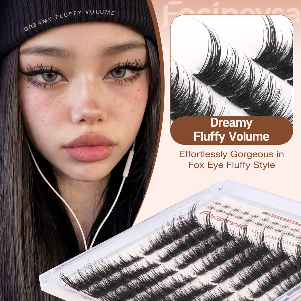 Focipeysa Fluffy Foxtail Lash Clusters | LC Curl Fox Eye Lash Clusters | Natural, Wispy, Ultra-Dense | Beginner-Friendly, Get Flawless Salon Extensions at Home| Lash Kit with Bond and Seal, Complements All Makeup Looks