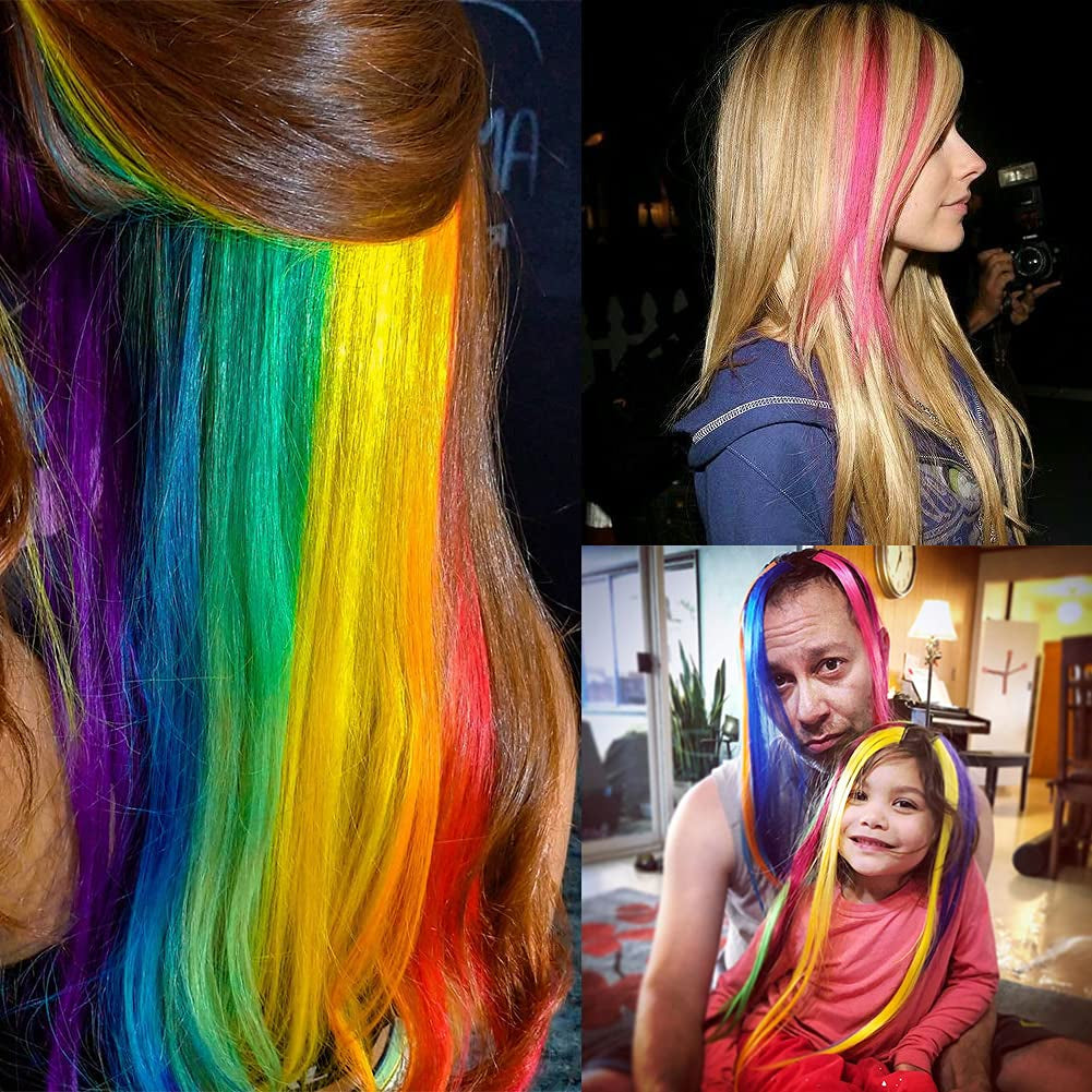 32Packs Colored Hair Extensions 20Inch Straight Color Clip in on Hair Extension Rainbow Party Highlights Synthetic Hairpiece(16 Colors)