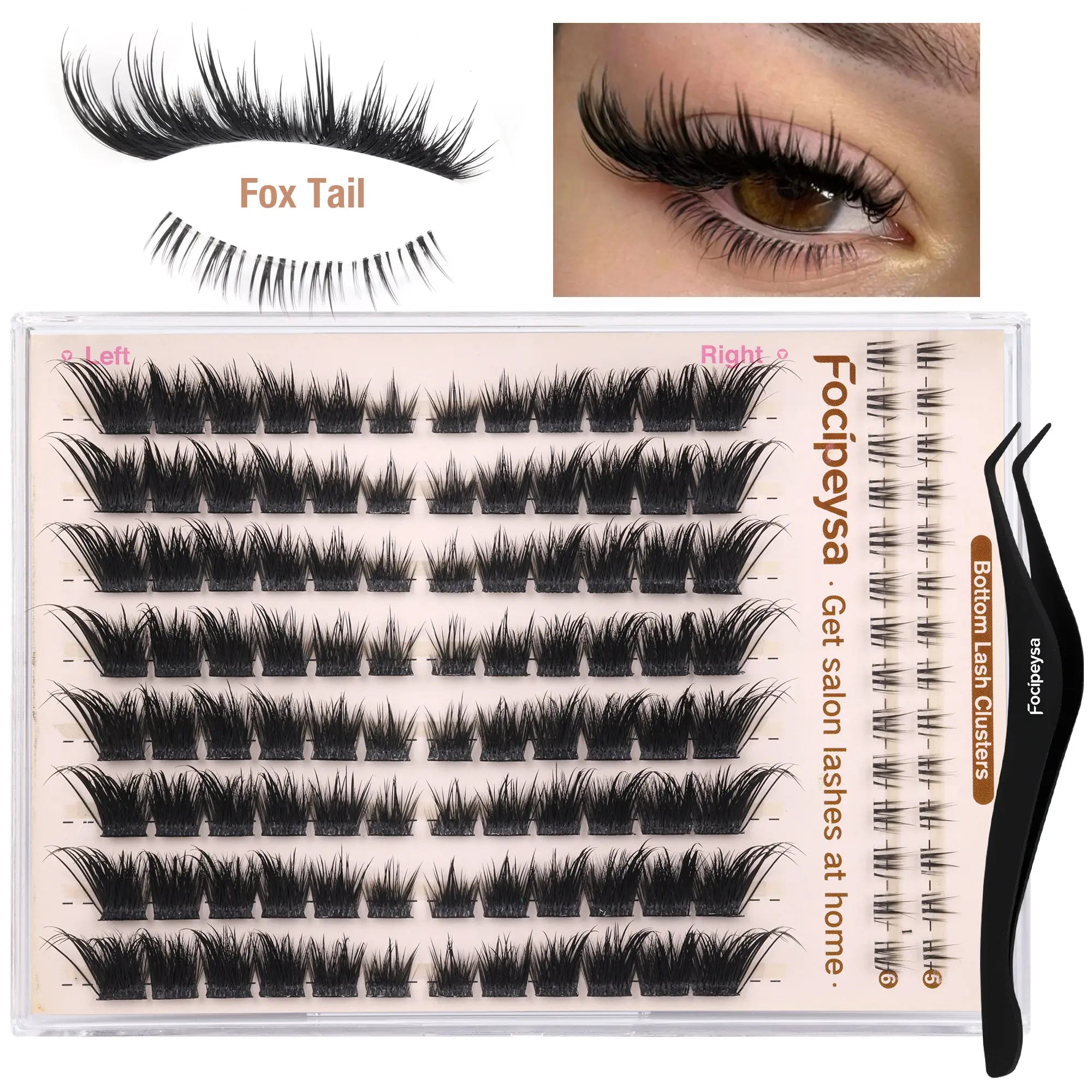 Focipeysa Fluffy Foxtail Lash Clusters | LC Curl Fox Eye Lash Clusters | Natural, Wispy, Ultra-Dense | Beginner-Friendly, Get Flawless Salon Extensions at Home| Lash Kit with Bond and Seal, Complements All Makeup Looks