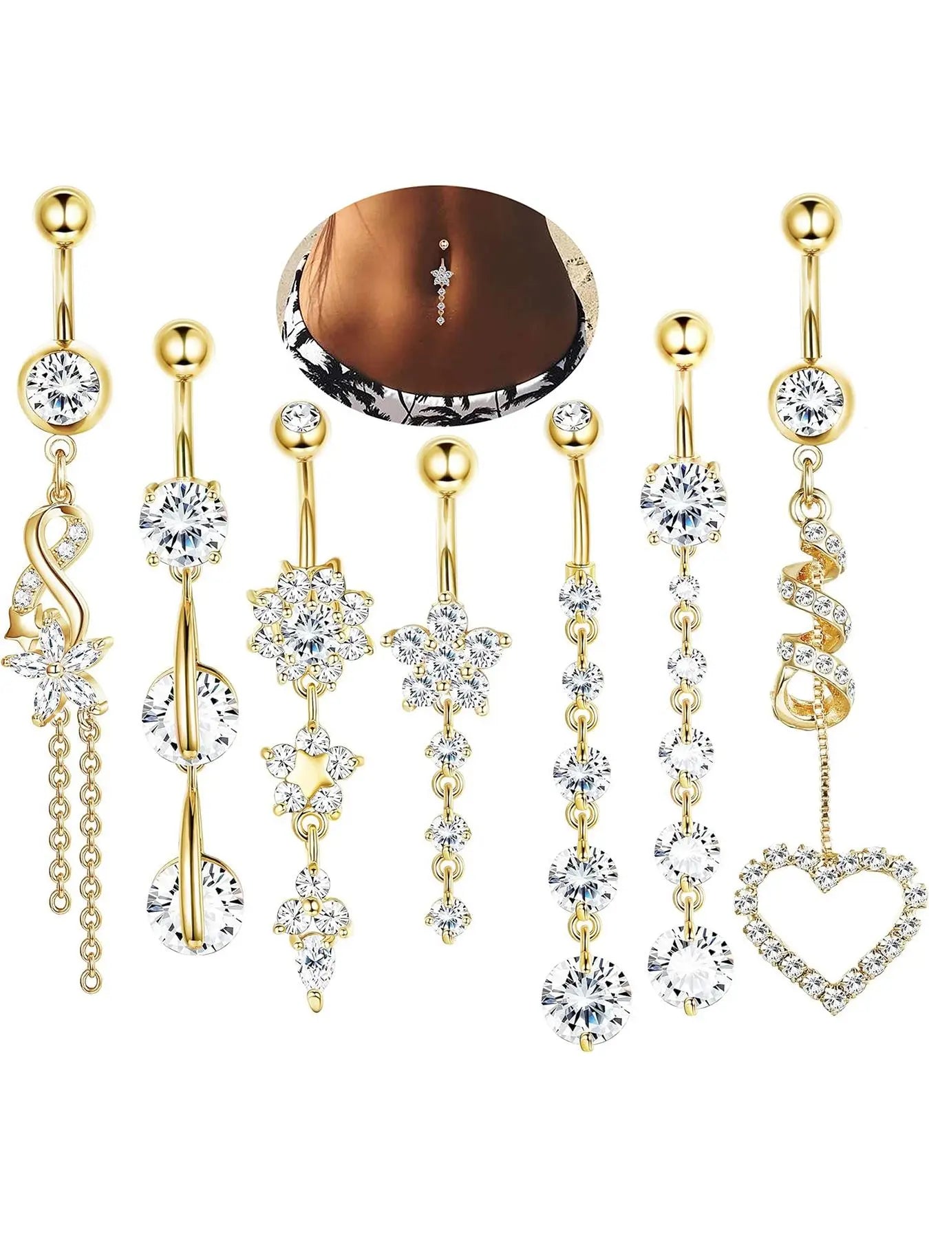 Women'S Elegant Rhinestone & Flower & Heart Decor Belly Rings, Exquisite Trendy Belly Piercing Jewelry, Chic Body Jewelry for Party & Daily Decor, Fashion Body Jewelry, Body Jewellery