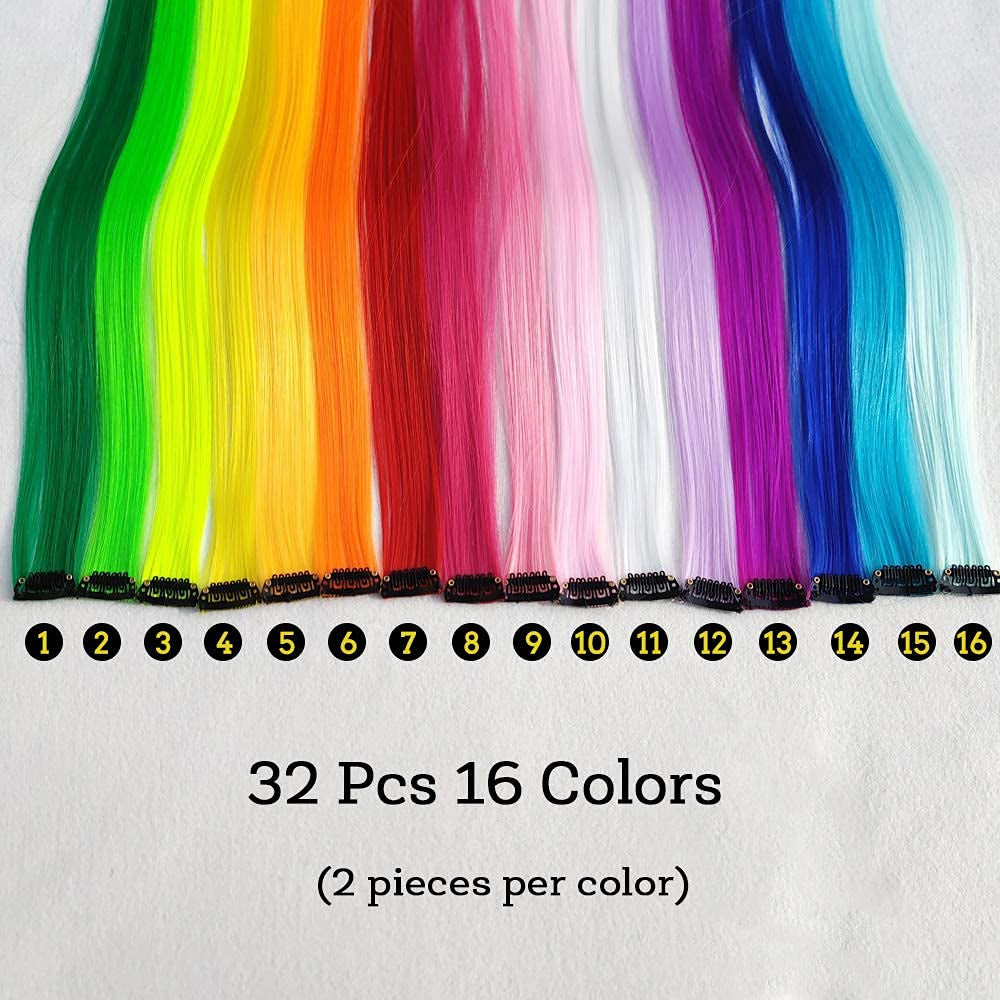 32Packs Colored Hair Extensions 20Inch Straight Color Clip in on Hair Extension Rainbow Party Highlights Synthetic Hairpiece(16 Colors)