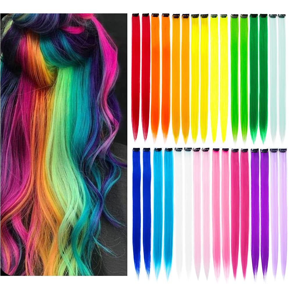 32Packs Colored Hair Extensions 20Inch Straight Color Clip in on Hair Extension Rainbow Party Highlights Synthetic Hairpiece(16 Colors)