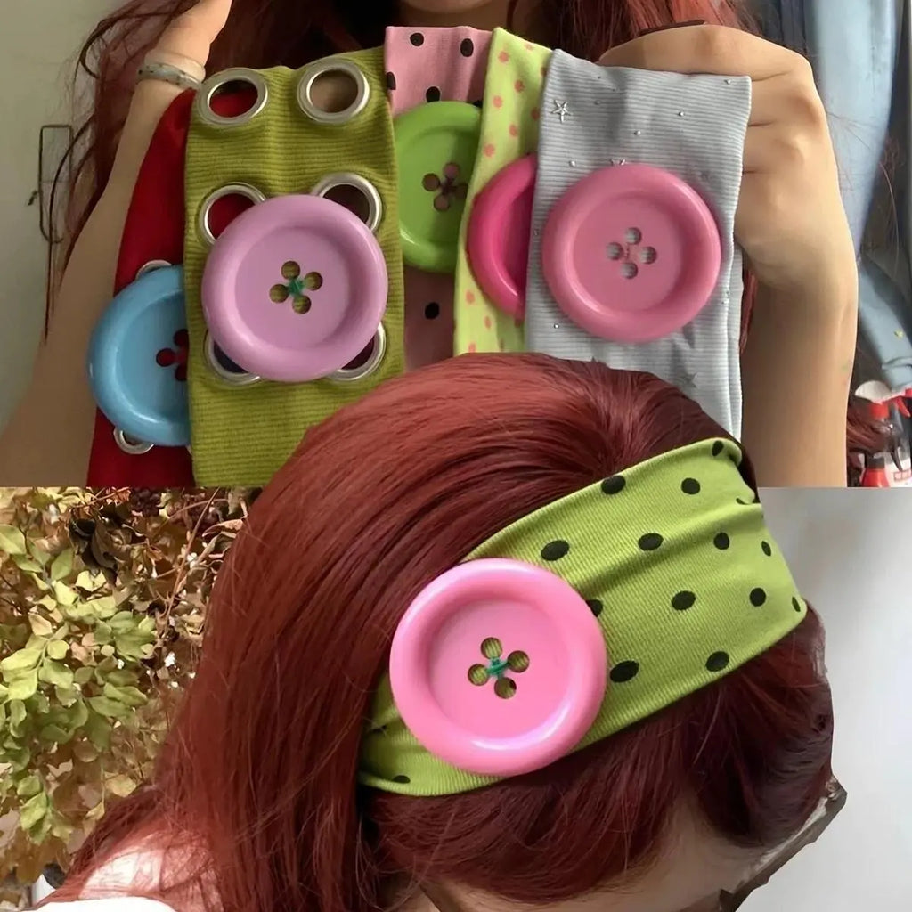 Summer Colorful Large Button Wave Dot Wide Elastic Headband for Women, Korean Ins Y2K Retro Blogger Same Style Trendy Cool Daily Hair Accessories