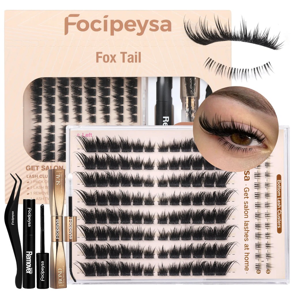 Focipeysa Fluffy Foxtail Lash Clusters | LC Curl Fox Eye Lash Clusters | Natural, Wispy, Ultra-Dense | Beginner-Friendly, Get Flawless Salon Extensions at Home| Lash Kit with Bond and Seal, Complements All Makeup Looks