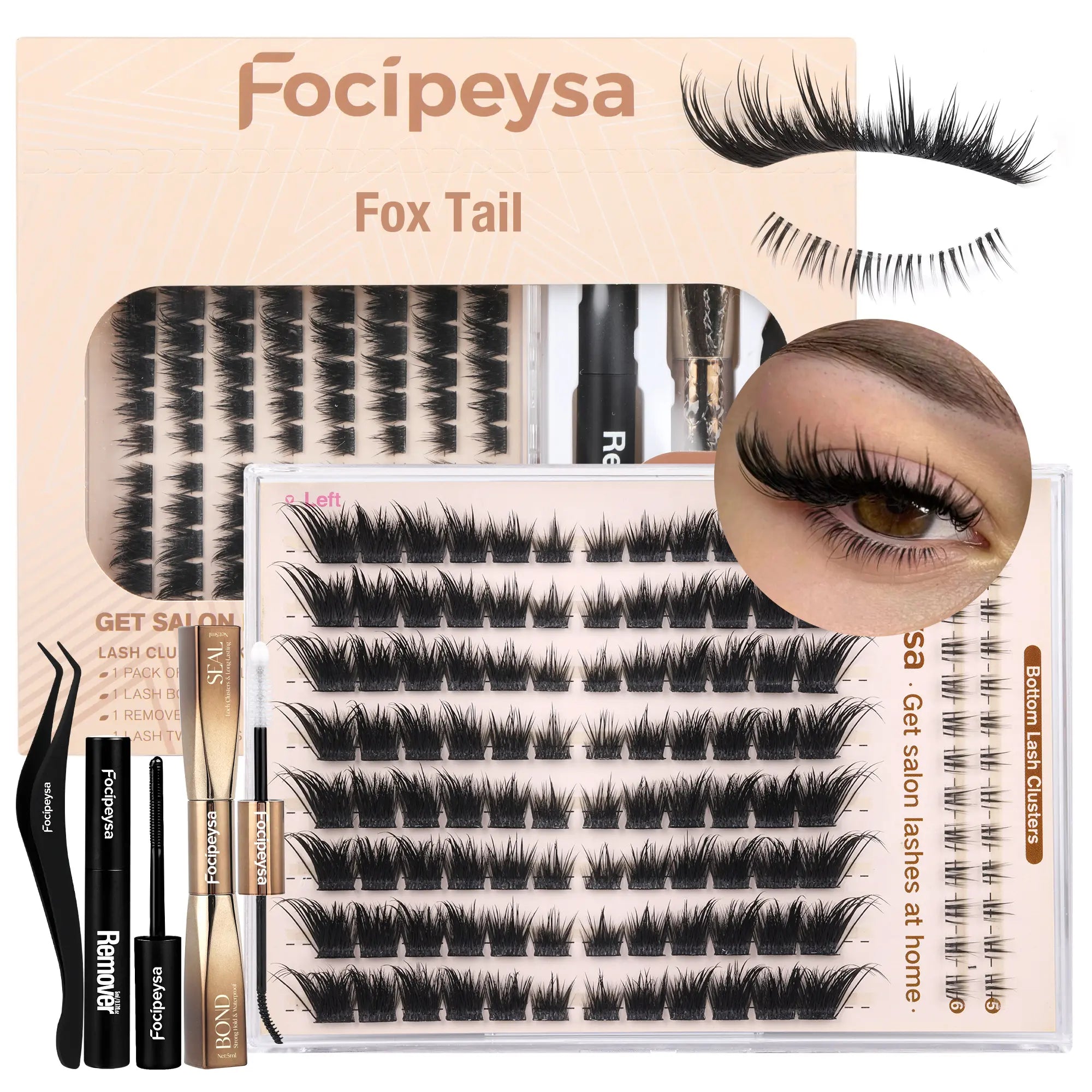 Focipeysa Fluffy Foxtail Lash Clusters | LC Curl Fox Eye Lash Clusters | Natural, Wispy, Ultra-Dense | Beginner-Friendly, Get Flawless Salon Extensions at Home| Lash Kit with Bond and Seal, Complements All Makeup Looks