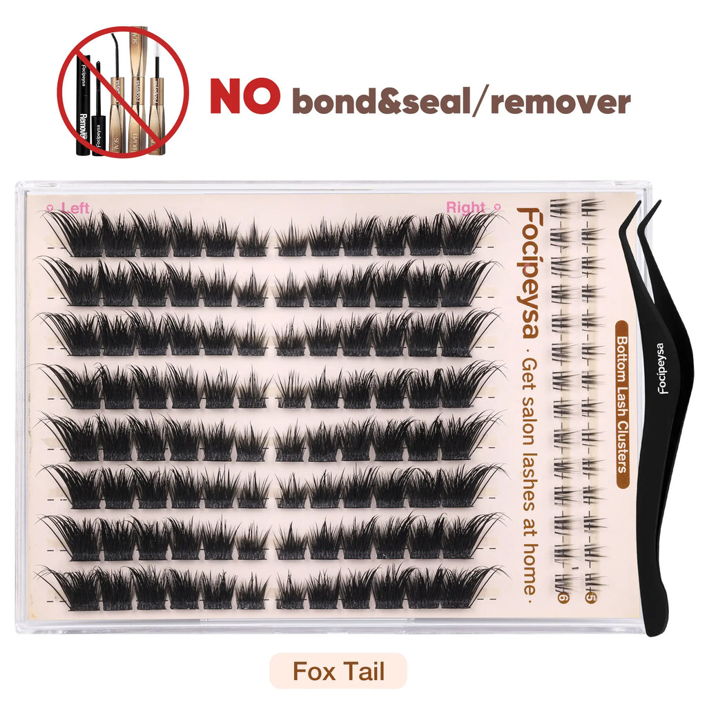 Focipeysa Fluffy Foxtail Lash Clusters | LC Curl Fox Eye Lash Clusters | Natural, Wispy, Ultra-Dense | Beginner-Friendly, Get Flawless Salon Extensions at Home| Lash Kit with Bond and Seal, Complements All Makeup Looks